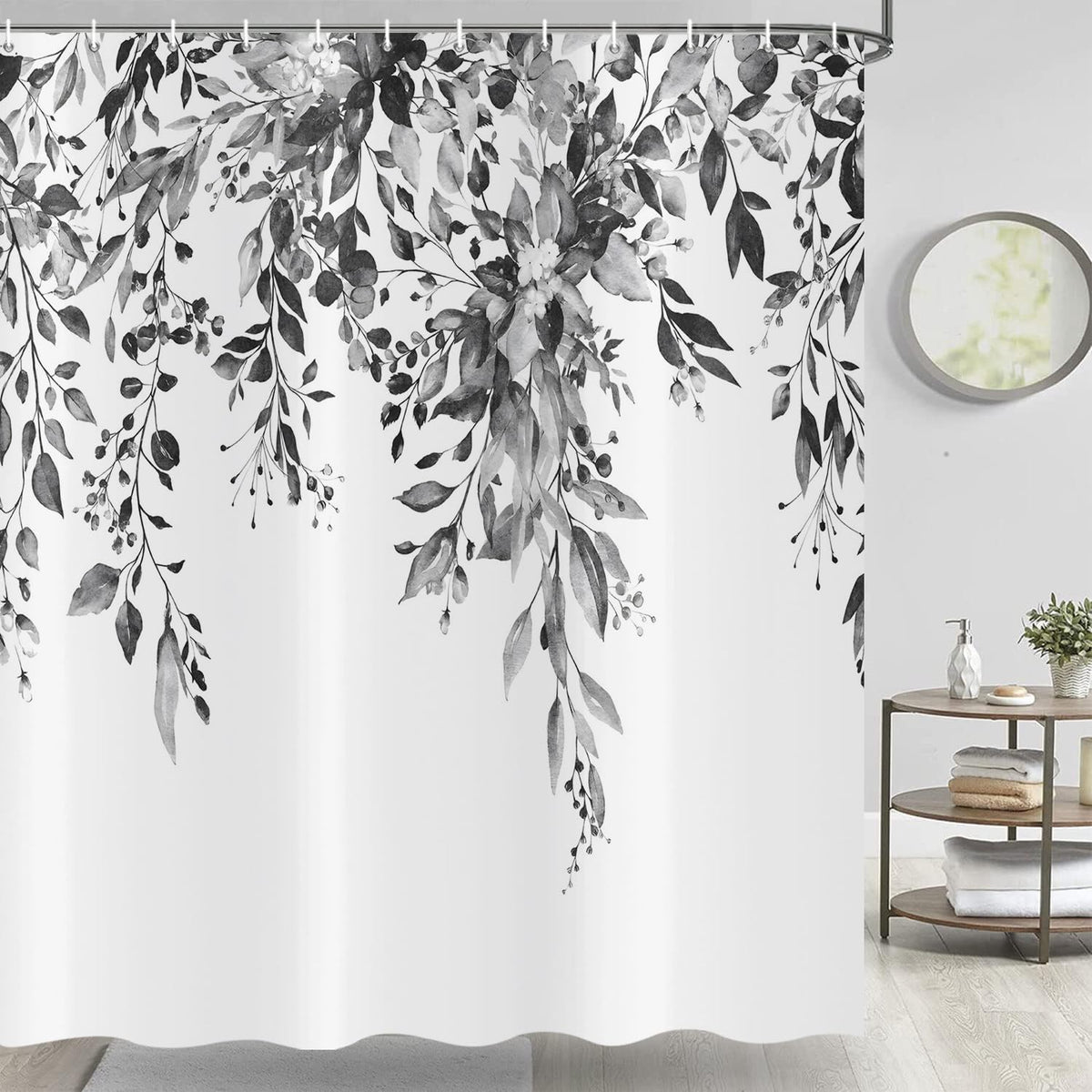 ASDCXZ Black Eucalyptus Shower Curtain 180x200 cm, Spring Watercolor Eucalyptus Leaves Floral Plants Waterproof Bath Curtain Polyester Textile