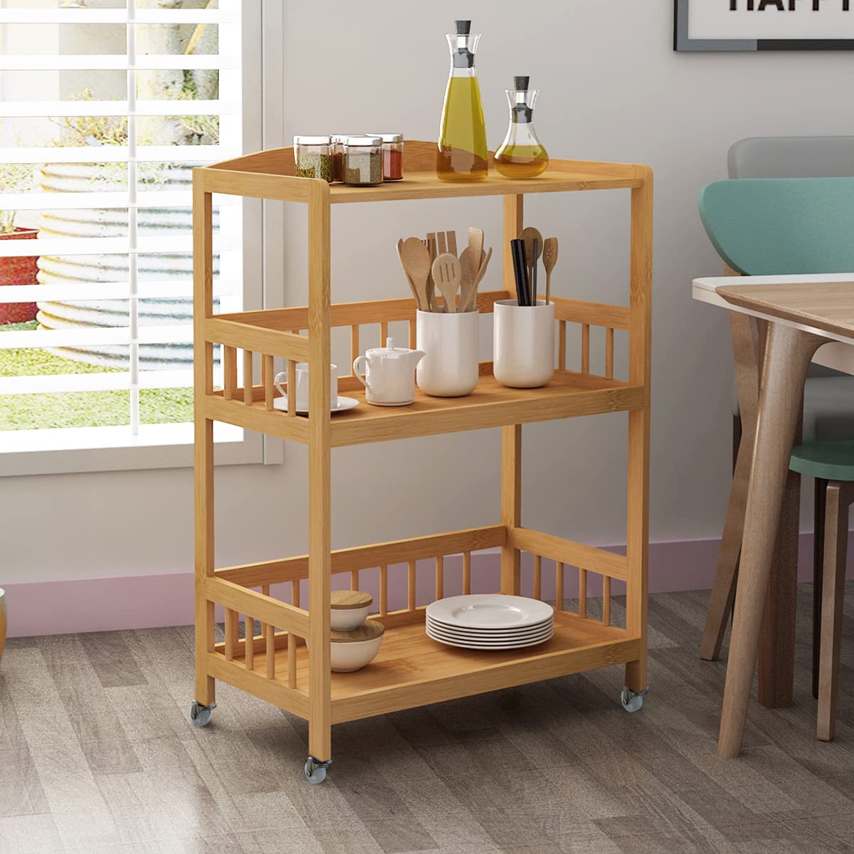 sogesfurniture Bamboo Kitchen Serving Trolley Cart 3 Tier Kitchen Storage Rack Serving Trolley on wheels Restaurant Storage, KS-ZC05-BH