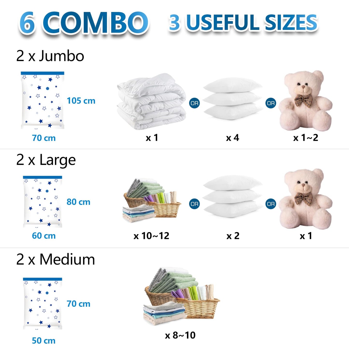 UOUNE Vacuum Storage Bags, 6 Combo (2 Jumbo, 2 Large, 2 Medium) Reusable Space Saver Bags Vacuum Compression Zipper Storage Bags with Airtight Valve