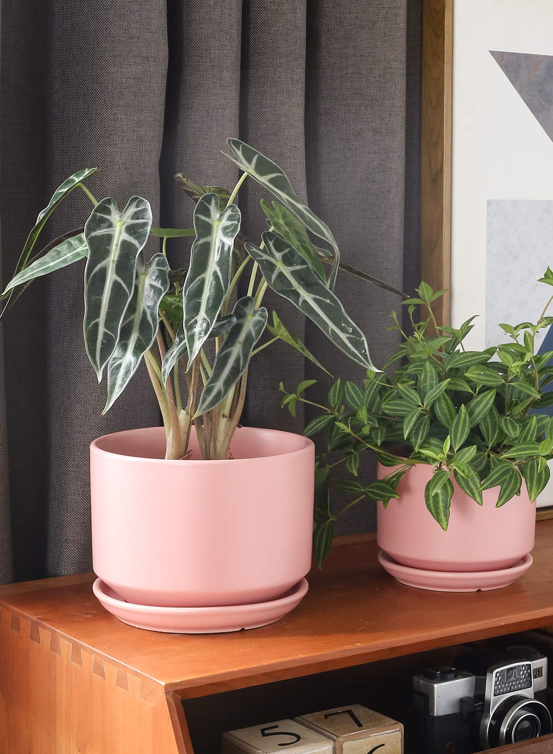 LE TAUCI Ceramic Plant Pots, 11+13+17 cm Planters, Set of 3 Planters with Drainage Hole and Saucer, Indoor Plant Pot with Hole Mesh Pad, Gifts for