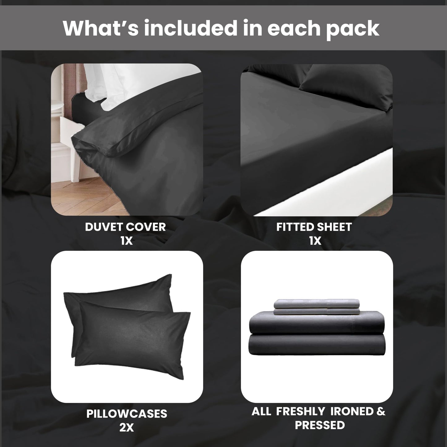 Euphoric Gifts 100% Pure Cotton (Egyptian Cotton) SUPER KING SIZE Duvet Cover Bed Set in Plain Black  includes duvet cover, fitted sheet &