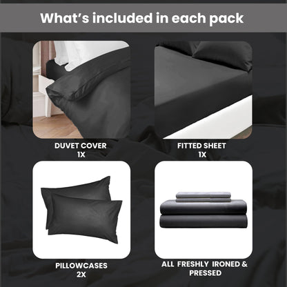 Euphoric Gifts 100% Pure Cotton (Egyptian Cotton) SINGLE Duvet Cover Bed Set in Plain Black  includes duvet cover, fitted sheet & pillowcases