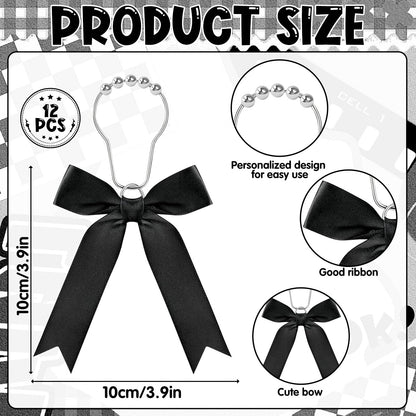 12 Black Bow Shower Curtain Hooks, Cute Bow Bathroom Accessories Decor Supplies, Stainless Steel Fine Workmanship Shower Rings Decor