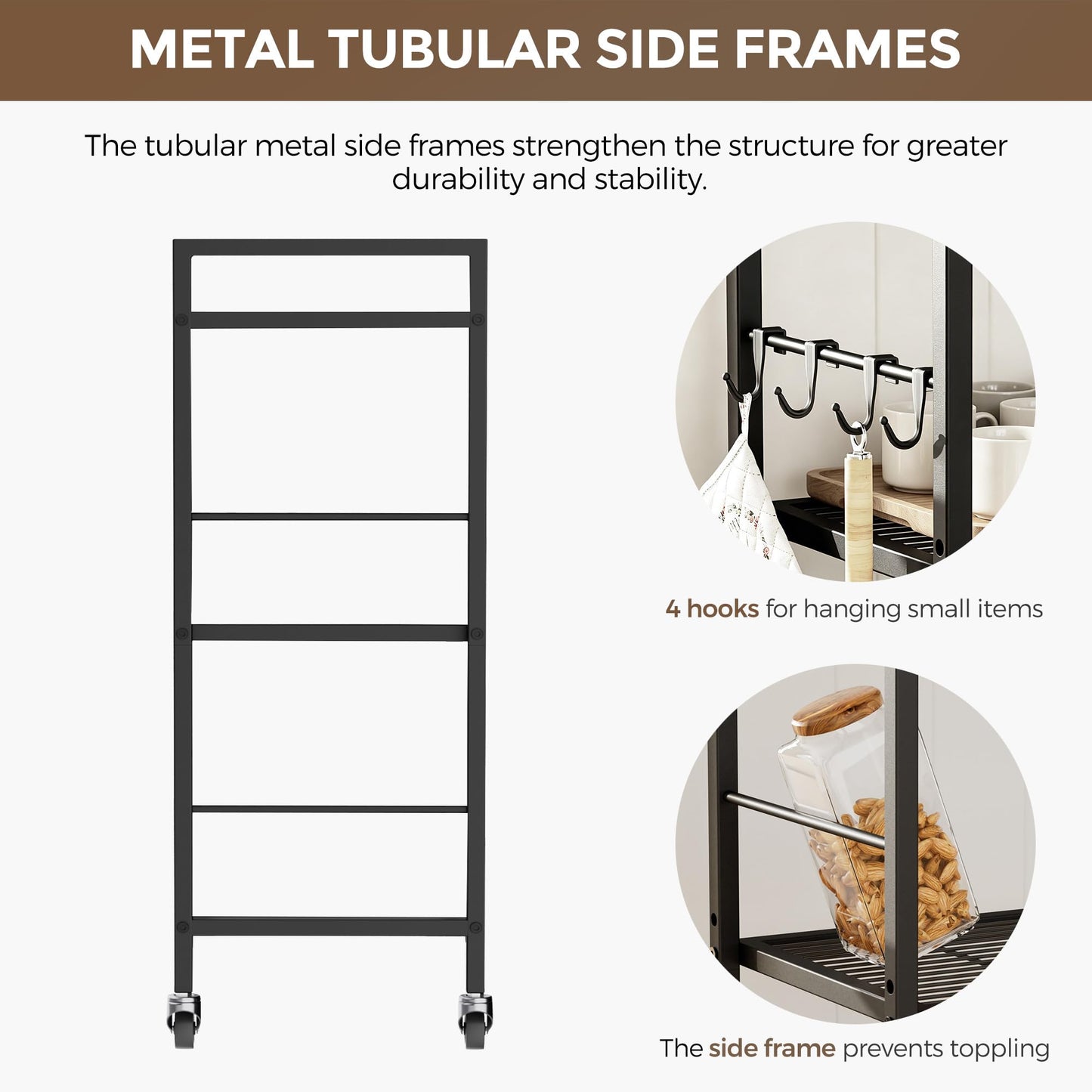 3-Tier kitchen trolley,Black Wood Top,80W×30Dcm,4 Hooks, Adjustable Shelves