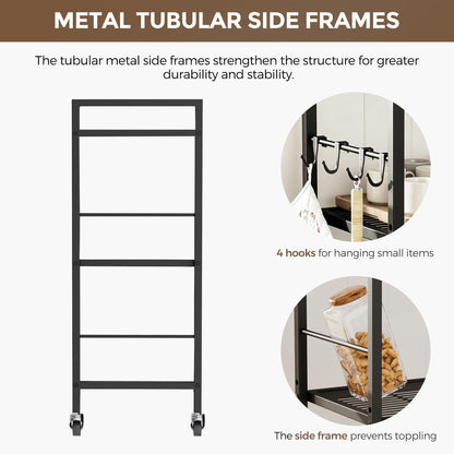 3-Tier kitchen trolley,Black Wood Top,80W×30Dcm,4 Hooks, Adjustable Shelves
