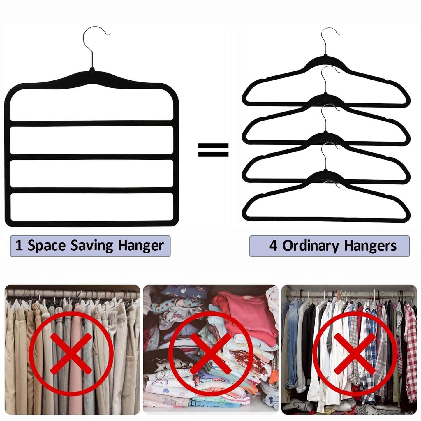 3 Pack Velvet Trouser Hangers - 4-Layer Space Saving Scarf and Jeans Hangers - Wardrobe Organiser and Space Saver Trouser Rack, Leggings Hanger