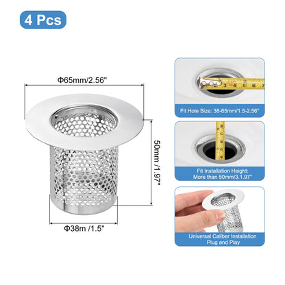 sourcing map 4 Pack Shower Drain Strainer, 2" x 2.6" 304 Stainless Steel Floor Drain Strainer Deep Sink Hair Catcher for Kitchen Bathroom Balcony