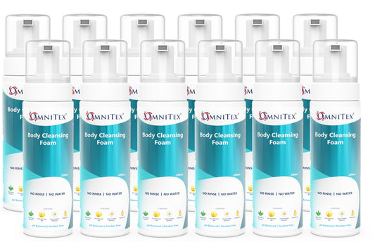 12x 200ml Omnitex Rinse Free Body Cleansing Foam, With Herbal Oils & Vitamins | No Water - No Rinse Body Wash | Clean, Nourish & Protect, No Parabens,