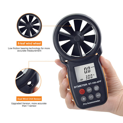 BTMETER Digital Wind Speed Anemometer Handheld, Wireless Bluetooth Vane Anemometer Meter for Wind Chill, Speed, Temperature Monitor BT-100APP