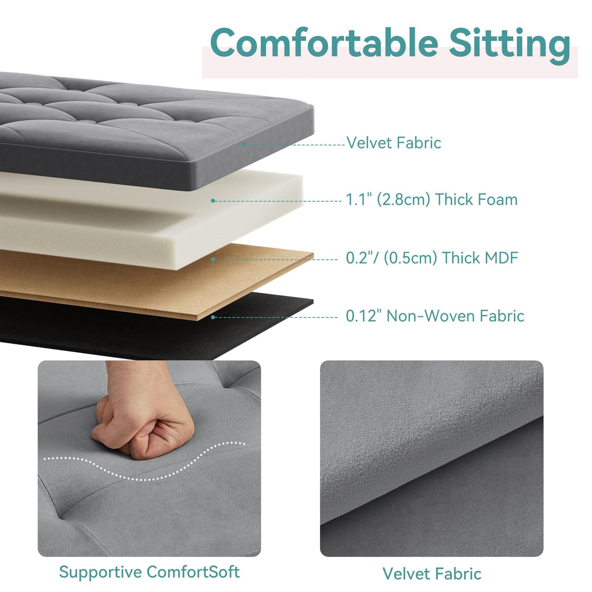 BRIAN & DANY Ottoman Storage Box Velvet Foldable Storage Ottoman Bench with Highly Elastic Sponge Filling for Living Room, 80 x 40 x 40 cm, Gray