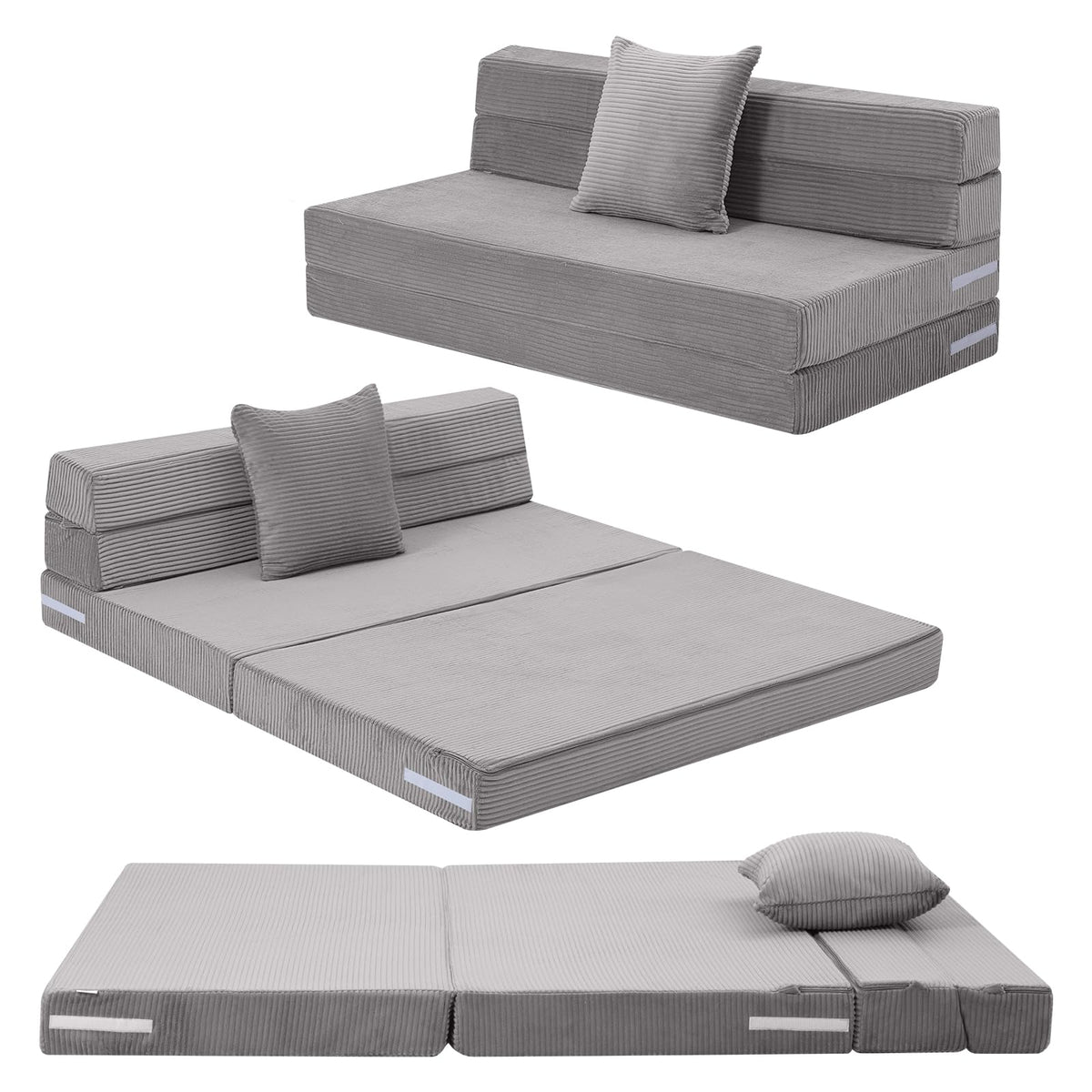 MeMoreCool Folding Mattress Double, Corduroy Fold Out Sofa Bed, Grey
