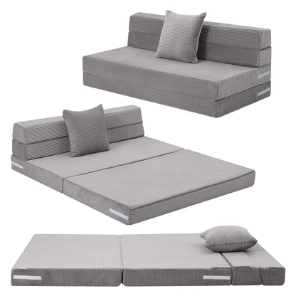 MeMoreCool Folding Mattress Double, Corduroy Fold Out Sofa Bed, Grey