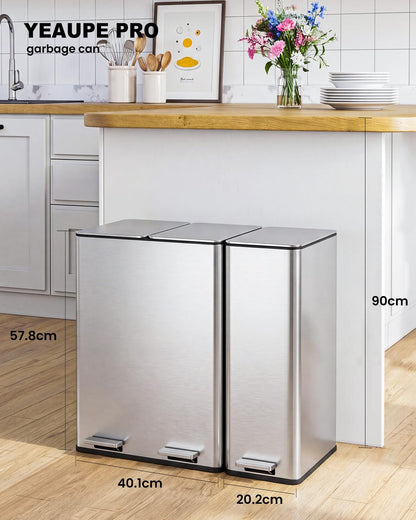 Kitchen Bin,40L Double Bin+20L Single Bin,Tall Slim 60L Stainless Steel Pedal Bin,Dual Bin Rubbish Recycling with Soft-Close Lids and Inner