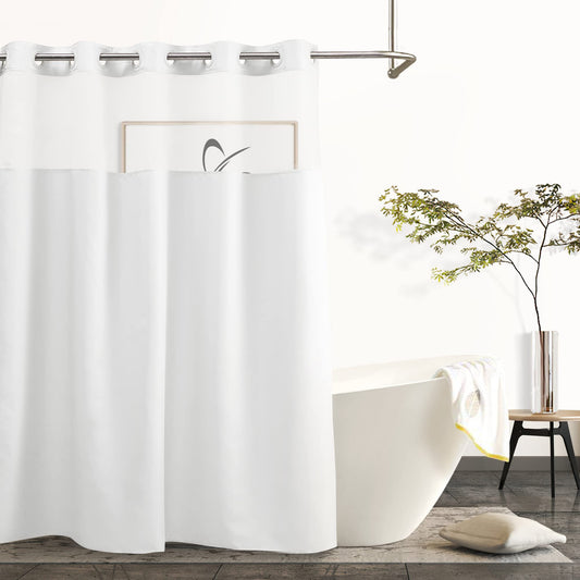 Modern Hotel Grade No Hooks Needed Shower Curtain or Liner (White Plain+Window, Standard(71W x 74L))