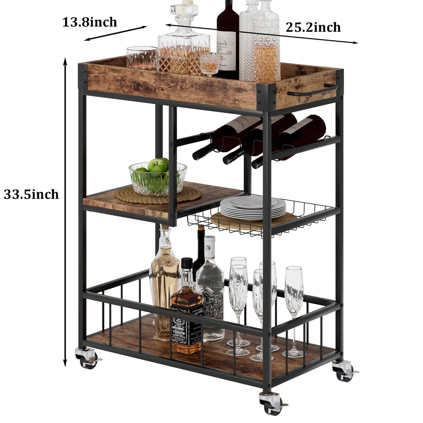 Huhote Serving Trolley, Brown Wood Grain, 3-Tier Shelf, Wine Rack, Wheels with Brakes, Ideal for Kitchen, Dining Room, Living Room, Bar, Party