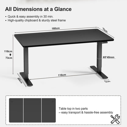 JUMMICO Electric Standing Desk 160x60cm – Height Adjustable with USB Charging, Sedentary Reminder, Memory Heights for Home Office Use, Black