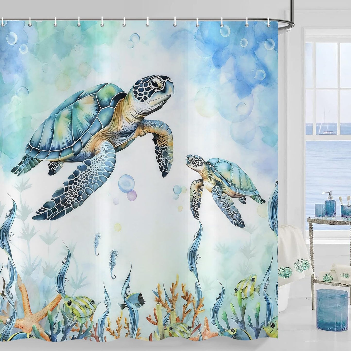 Hnmdmyi Sea Turtle Shower Curtain 180x200, Teal Ocean Underwater Tropical Fishes Starfish Seahorse Coral Bathroom Curtains Waterproof Polyester