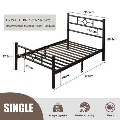 Feonase Single Bed Frame 3ft with Headboard & Footboard, Single Metal Bed Frame with Heavy Duty Metal Slat Support, Ample Under-bed Storage