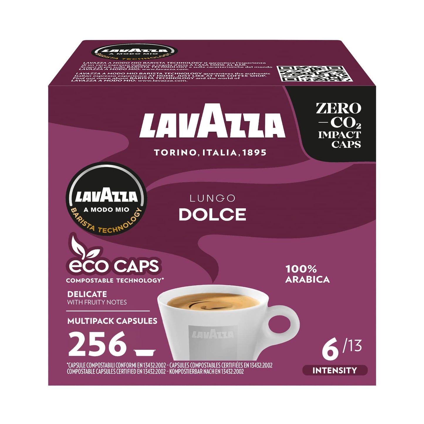 Lavazza A Modo Mio Lungo Dolce, 256 Coffee Capsules, with Aromatic Notes of Dried Fruits, for a Sweet Espresso, 100% Arabica, Intensity 6/13, Medium