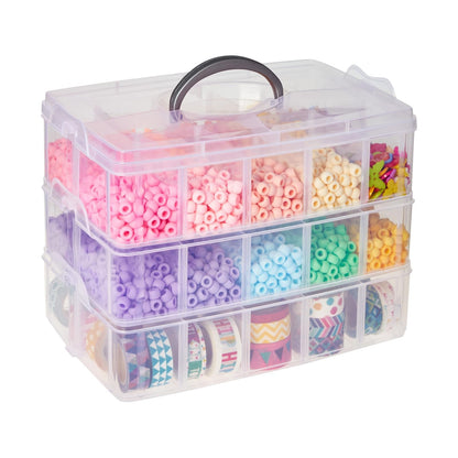 Bright Creations 3-Tier Stackable Plastic Craft Storage Containers with 30 Compartments and 40 Sticker Labels (9.5 x 6.5 x 7.2 Inch)
