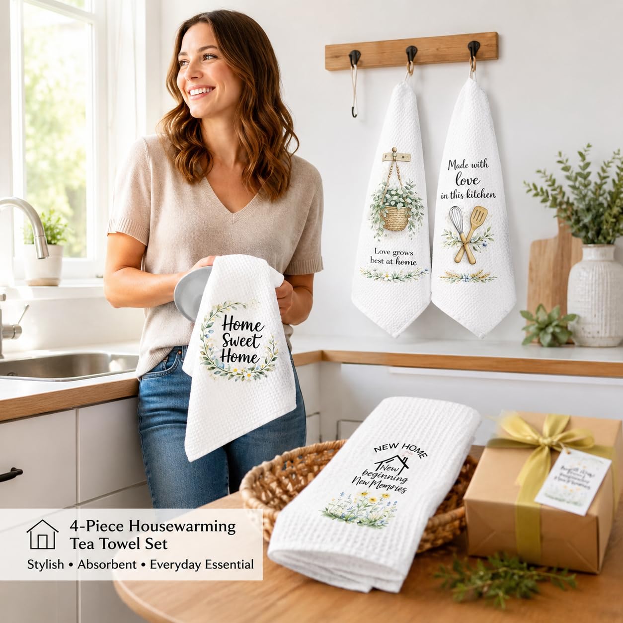 PUQGAOIP New Home Gifts, 4 Pack 40x60cm Waffle Tea Towels, Watercolour Printed House Warming Gifts New Home