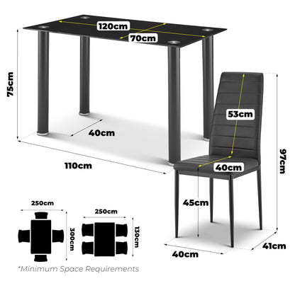 Bravich Dining Table and Chairs Set of 4, Black Tempered Glass 4 Seater Dining Table with High Back PU Leather Chairs