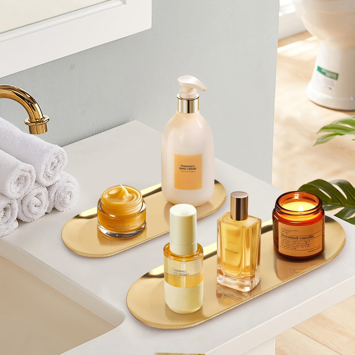 Minicoco 2PCS Oval Tray Stainless Steel Jewellery Cosmetic Tray Perfume Candle Holder Decorative Tea Fruit Key Bowl (Gold)