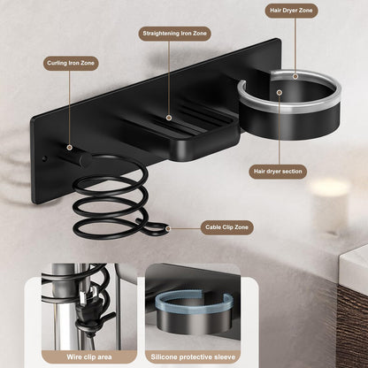 Hairdryer wall rack – bracket with cable tray, drilled and non-drilled mounting, rustproof bathroom organizer for hairdryer and styling tools