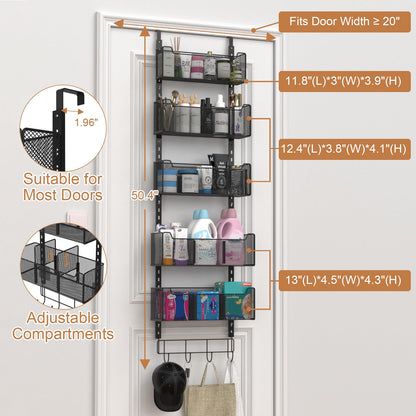 VyGrow Over The Door Storage, Metal Door Organiser Hanging with 5 Adjustable Baskets and Coat Hook