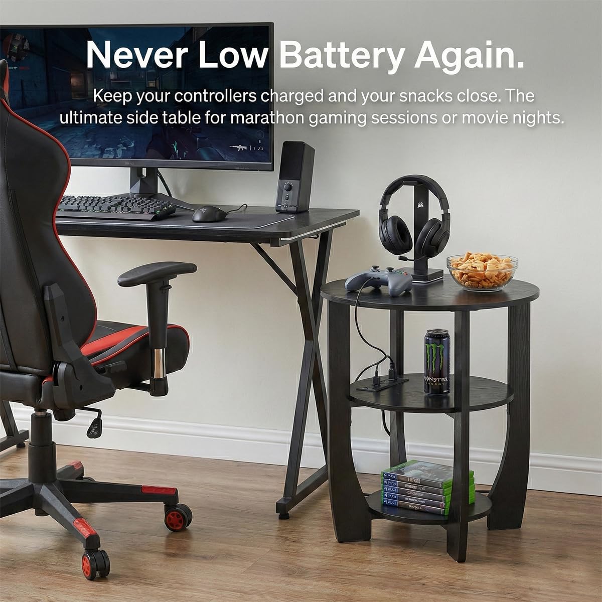 ZEXVIDA Round Side Table with Charging Station, 3 Tier End Table with USB Ports & Outlets, Nightstand for Bedroom,Living Room,Small Spaces