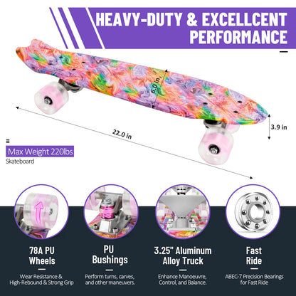 BELEEV 22 inch Skateboards for Kids, Cruiser Skateboard for Girls Boys Teens Adults Beginners, LED Light up Wheels, Mini Skateboards Classic Complete