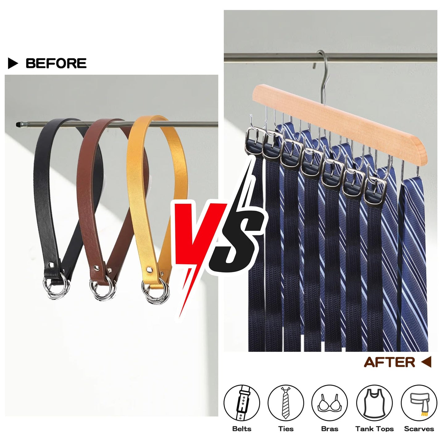 Srvillg Belt Hanger for Wardrobe, 2pcs Double-row Rotating Hooks Bra Hanger, Black Bra Belt Organiser Hangers for Space Saving Closet Organizers and