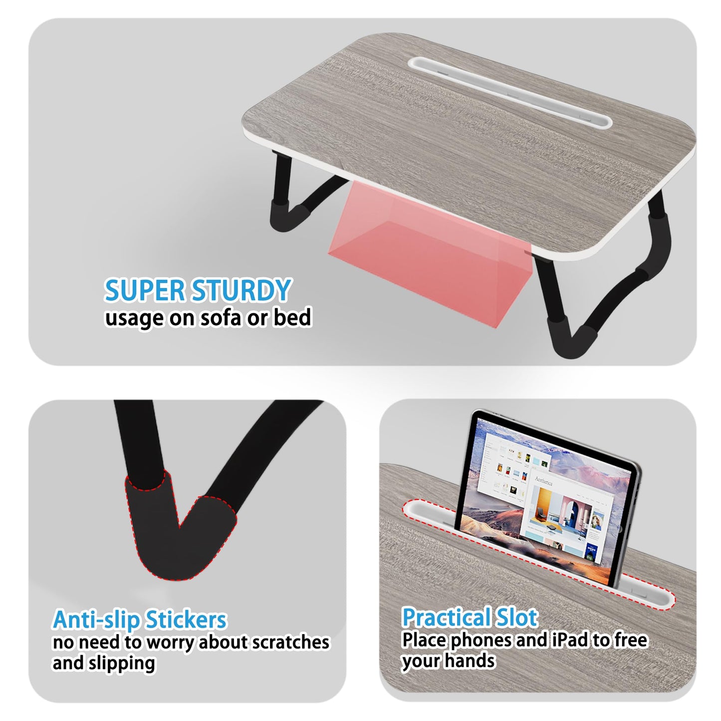 Small Laptop Bed Desk - Lap Desk 48 x 30cm for Breakfast Tray Table, Eating, Reading, Writing, Working, Laptop Stand for Bed, Sofa, Office and Home
