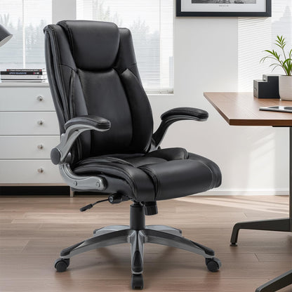 Ergonomic Executive Office Chair with Adjustable Lumbar Support, Flip-up Armrests, Double Padded Seat & Tilt Function
