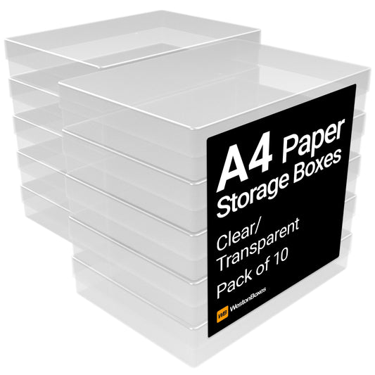 WestonBoxes A4 Transparent Plastic Craft Storage Boxes with Lids for Art Supplies, Paper and Card - 3.6 Litre Volume (Pack of 10)