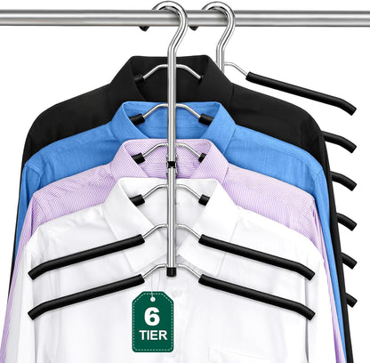 ZriEy 6 Tier Folding Clothes Hanger - Non Slip Foam Padded Space Saving Hangers, 2 Pack Black Metal T Shirt Hangers for Men Women Closet Organizers