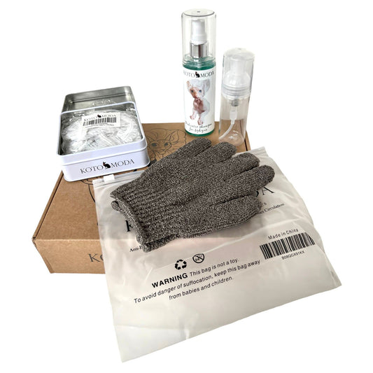 Kotomoda Bath Shower SPA set for sphynx and other naked pets Shampoo 120 ml with foam generator, shower caps in the tin box, bathing gloves