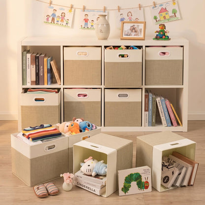 SOCOHOME Fabric Storage Boxes,33x33x33cm Storage Cube, Foldable Storage Baskets for Shelf Nursery Closet(Light Khaki/Cream White, 4 Pack)