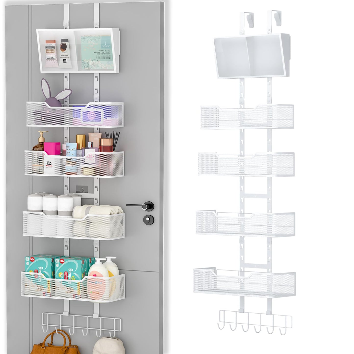 Hongtamoya Adjustable Over The Door Organizer, Hanging Door Storage with PVC Pocket and 4 Metal Baskets Wall Mount