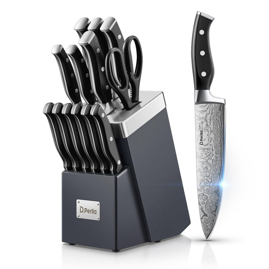 D.Perlla Kitchen Knife Set with Advanced Self-Sharpening Technology, 14-Piece Waved Texture Knife Set with Block, Stainless Steel Kitchen Knives,