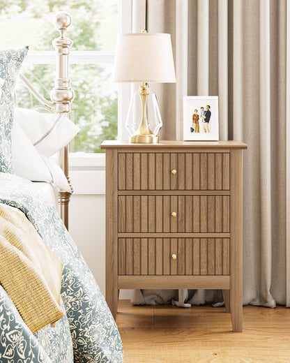 HEYZOEY Oak Finish Bedside Table, 3 Fluted Drawers, Country17.8×13.3×24 in