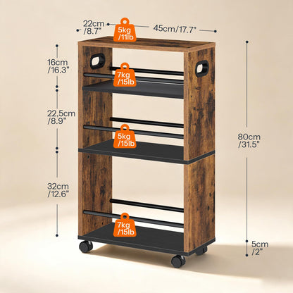 HOOBRO Slim Storage Trolley, Narrow Kitchen Cart for Small Space, Slide Out Kitchen Trolley on Wheels, 4-Tier Rolling Utility Cart with Handle