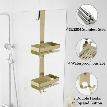 Hanging Over Door Shower Caddy - No Drilling Organiser Stainless Steel Shelves With Hooks - Gold Bathroom Rack Basket Tidy Storage