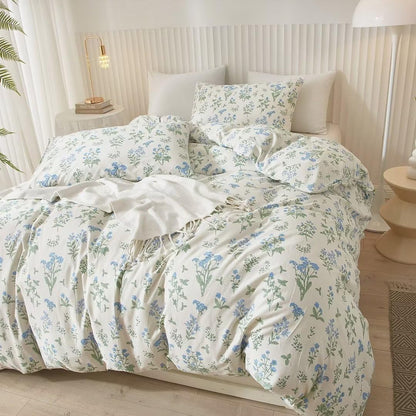 Ruccit White Floral Duvet Cover Set Double 100% Cotton Duvet Cover Double Bed 3pcs Garden Blue Green Chic Flower Bedding Set with Zipper Closure