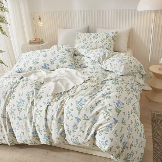Ruccit White Floral Duvet Cover Set Double 100% Cotton Duvet Cover Double Bed 3pcs Garden Blue Green Chic Flower Bedding Set with Zipper Closure
