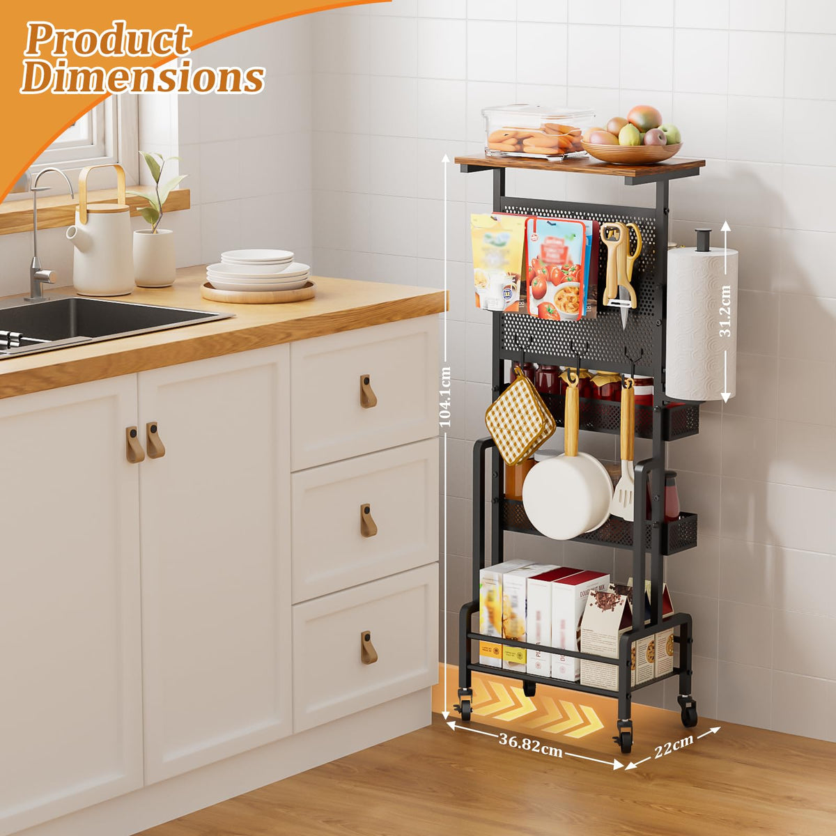 Bikoney Slim Storage Trolley with Wooden Top, Narrow Rolling Kitchen Cart