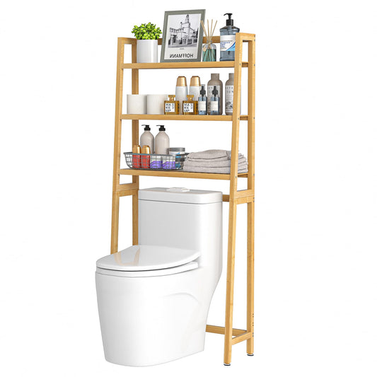 VASMIA Over The Toilet Storage,Bamboo 3-Tier Bathroom Organizer Over Toilet Storage Cabinet,Freestanding Space Saver with 3 Hooks Natural