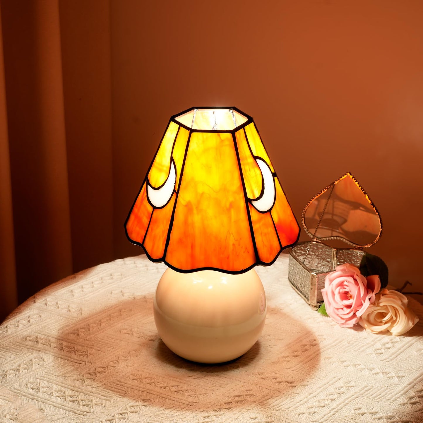KIPHEPI Mushroom Lamp Small Bedside Table Lamp-Nightstand Orange Glass Moon Nightlight for Bedroom Dorm Living Kitchen, Tiffany Style Aesthetic Cute