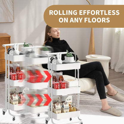 3 Tier Trolley Rolling Utility Storage Car with Wheels&Hanging Cups&Hooks