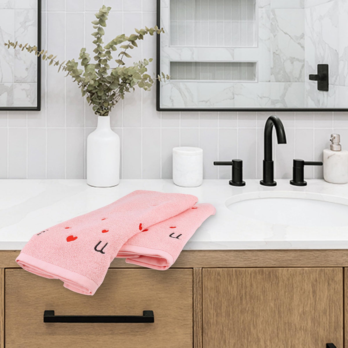 HMETOL Valentine's Day Cotton Letter Heart Love Pattern Hand Towels
